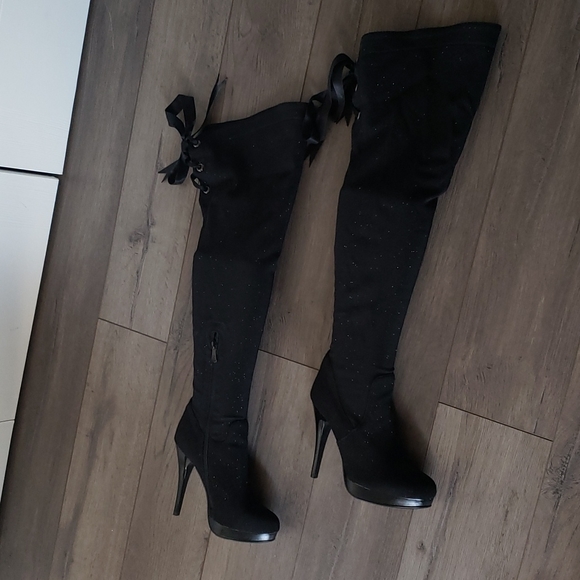 Overknee  sparkling black material boots - Picture 8 of 9